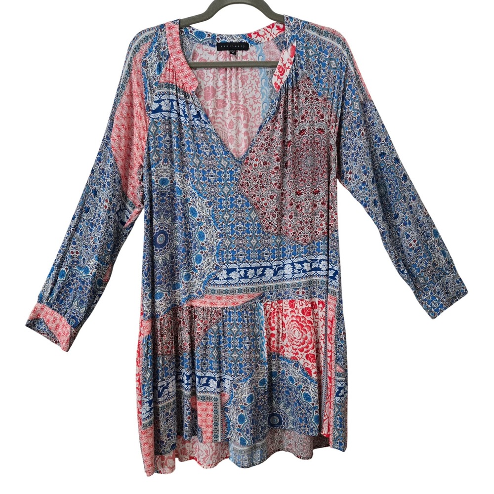 Sanctuary Artsy Chic Patchwork Print V-Neck Tunic/Mini Dress Blue Red Boho M